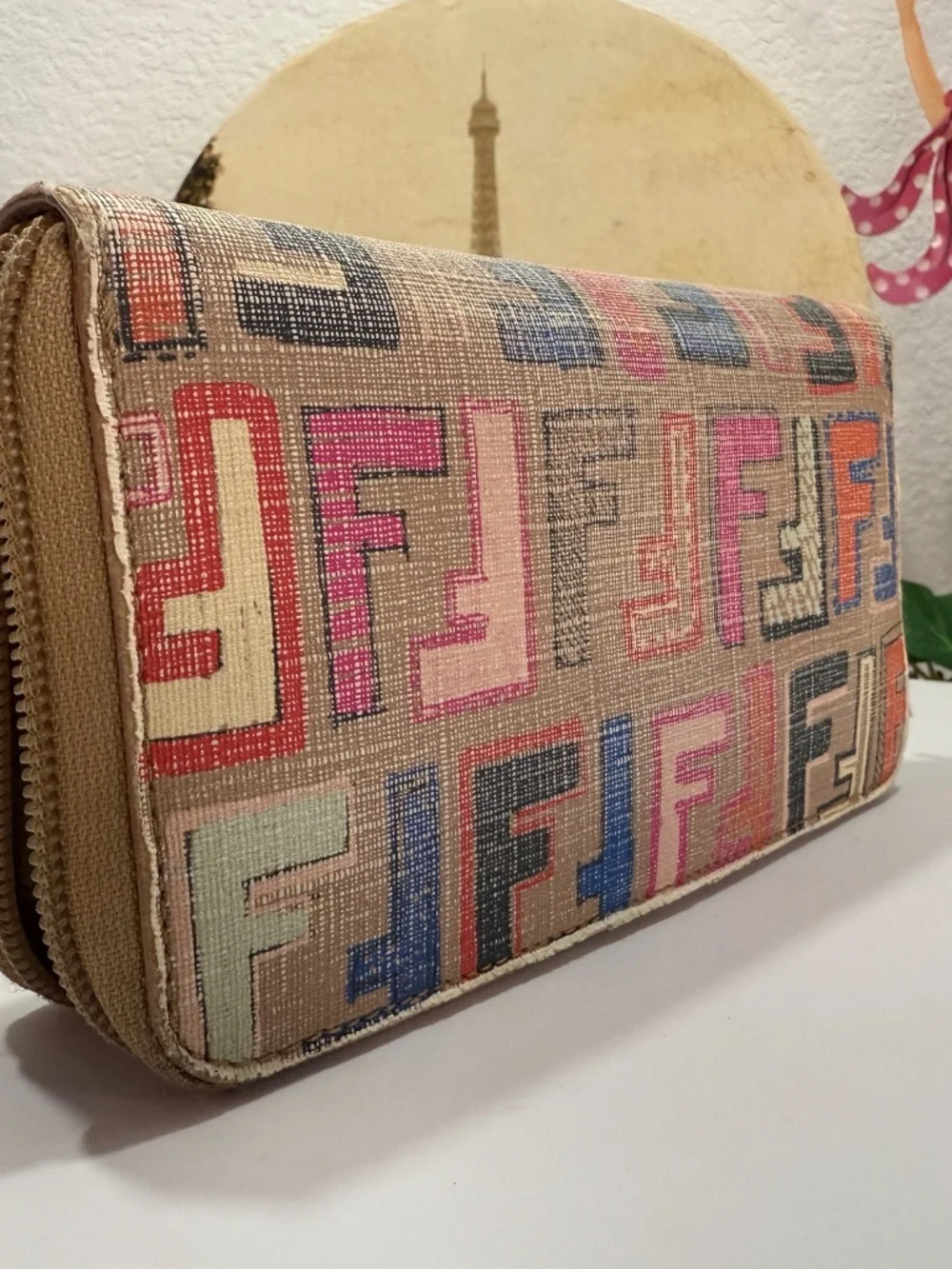 ALLURING FENDI FF LIMITED EDITION ZUCCA MULTI-COLOR ZIP AROUND WALLET!